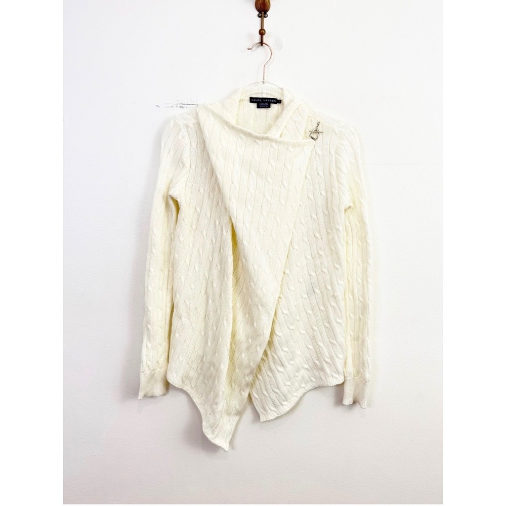Ralph Lauren Cable Knit Wrap Sweater Ivory Toggle Shawl Collar Cotton Size S